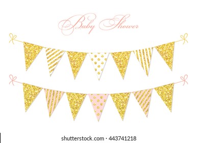 Cute Glamour Vintage Golden Glitter Bunting Flags For Your Decoration. Can Be Used As Baby Shower Card, Birthday Banner, Wedding Background, Glamour Party Flyer Etc 