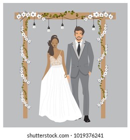 cute glamour wedding couple Illustration. Bride and Groom isolated in vector. Elegant dresses cartoon illustration