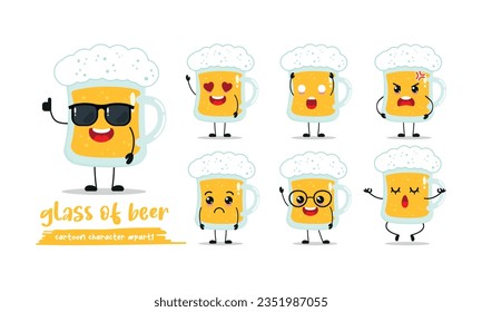 cute glass of beer cartoon with many expressions. beer different activity pose vector illustration flat design set with sunglasses.