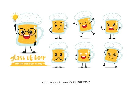 cute glass of beer cartoon with many expressions. beer different activity pose vector illustration flat design set.