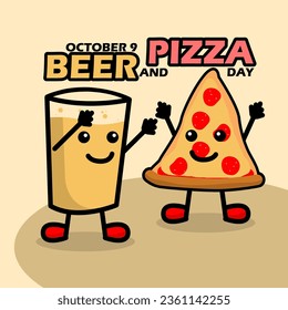 Un lindo vaso de cerveza y una linda rebanada de pizza sonriendo alegremente, con texto en negrita sobre fondo marrón brillante para celebrar el Día Internacional de la Cerveza y la Pizza el 9 de octubre