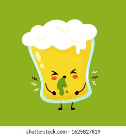 Cute glass of beer vomit. Vector flat cartoon character illustration icon design. Beer glass,overdrinking concept