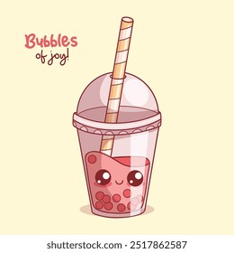 Cute glass of Bubble Tea with straw. Funny cartoon kawaii character drink. Vector illustration. Kids collection