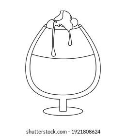 Cute glass with butter beer. Delicious foam and topping. Isolated object in the white background. Black and white element for coloring pages. Flat style illustration.