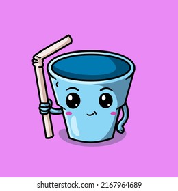 Cute glass cartoon holding a straw vector mascot illustration