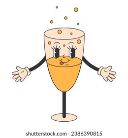 Cute a glass of champagne with bubbles in groovy 70s  style. Trendy retro style for Christmas design. Vector illustration.