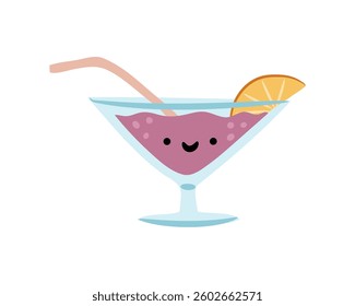 Cute glass character with cocktail, straw and piece of fruit. Vector isolated summer exotic beverage personage with smiling expression. Drink for entertainment and leisure, vacation and rest