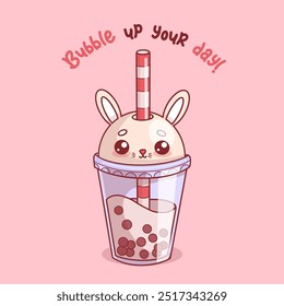 Cute glass of coffee Bubble Tea Rabbit with straw. Funny cartoon kawaii character drink. Vector illustration. Kids collection