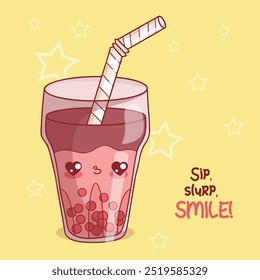 Cute glass with fruit chocolate of Bubble Tea with straw. Funny cartoon kawaii character drink. Vector illustration