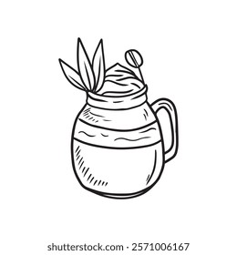 Cute glass jar with cocktail, decorated with whipped cream and leaves in black isolated on white background. Hand drawn vector sketch illustration in doodle engraved vintage line art style