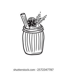 Cute glass jar with cocktail, decorated with whipped cream and leaves in black isolated on white background. Hand drawn vector sketch illustration in doodle engraved vintage line art style