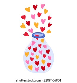 Cute glass jar with colored hearts flying out. Hand drawn vector clipart isolated on background. Concept of love, romance. For Valentine's day card, invitations, greeting, sticker, media, scrapbook.