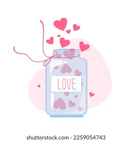 Cute glass jar with pink hearts inside. The concept for 14 February Valentine's day