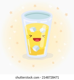 Cute glass of juice with ice vector icon illustration. Sticker cartoon logo. Food icon concept.  Flat cartoon style suitable for web landing page, banner, sticker, background. Kawaii glass of juice.