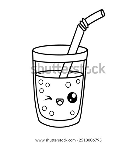 Cute glass of lemonade with straw. Outline funny cartoon kawaii character drink. Line drawing, coloring book. Vector illustration. Kids collection