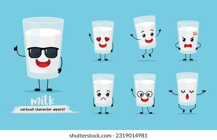 cute a glass of milk cartoon with many expressions. different activity pose vector illustration flat design set with sunglasses.