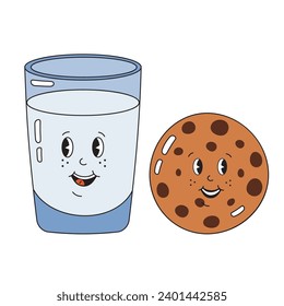 Cute glass of milk with cookie in love, perfect couple in groovy retro style. Happy Valentines day, romantic concept. Hippie retro vintage love elements.