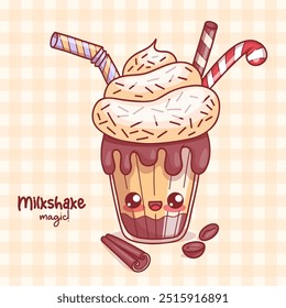 Cute glass of milk shake with cream chocolate dessert, striped candies with straw. Funny cartoon kawaii character drink with cinnamon stick and coffee beans. Vector illustration