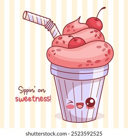 Cute glass of milk shake with cream dessert, cherries and straw. Funny cartoon kawaii character drink. Vector illustration. Kids collection