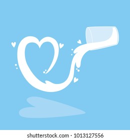 Cute glass milk, Splash is heart-shaped vector. Blue background.