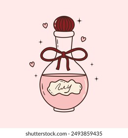 Cute glass potion bottle with red bow. Coquette style magic elixir with ribbon. Halloween decoration. Witchcraft and alchemy element. Hand drawn vector illustration