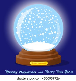 Cute glass Snow Globe with snowflakes on blue gradient background. Merry Christmas and Happy New Year souvenir. Cartoon style. Concept design poster, banner, flyer, greeting card. Vector illustration
