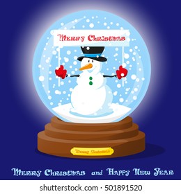 Cute glass Snow Globe with snowflakes and funny Snowman. Merry Christmas and Happy New Year souvenir. Cartoon style. Concept poster, banner, flyer or greeting card. Vector illustration