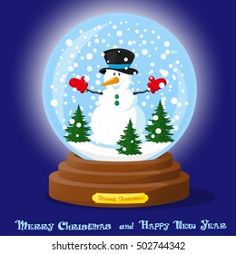 Cute glass Snow Globe with snowflakes, christmas tree and funny Snowman. Merry Christmas and Happy New Year souvenir. Cartoon style. Concept poster, banner, flyer or greeting card. Vector illustration