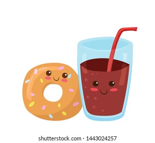 Cute glass of soda with a tasty donut vector illustration. Kawaii sweets. Cartoon style design for postcards or print, candy or coffee shop. Funny kawaii food characters isolated on white. Lemonade.
