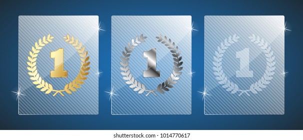 Cute glass trophy awards. Vector illustration. Three variants: golden, silver and a simple shiny glass