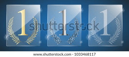 Cute glass trophy awards. Vector illustration. Three variants: golden, silver and a simple shiny glass