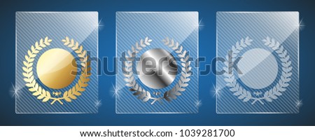Cute glass trophy awards. Vector illustration. Three variants: golden, silver and a simple shiny glass