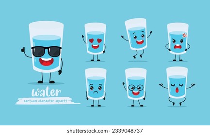cute glass of water cartoon with many expressions. different activity pose vector illustration flat design set with sunglasses.
