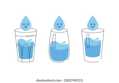 Cute glass of water and water drop. Glass of water with cartoon smiley face. Vector illustration.
