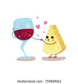 Cute Glass Of Wine And Cheese Characters Are Best Friends, Vector Illustration