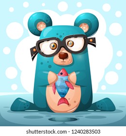 Cute glasses bear with fish. Vector eps 10