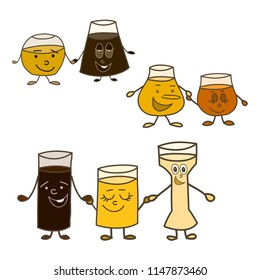 Cute glasses of beer are holding hands. Vector EPS 10.