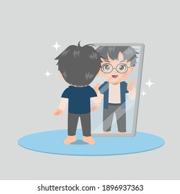 Cute glasses boy standing in front of mirror and give himself a thumbs up. Self love motivation. High esteem. Flat vector design.