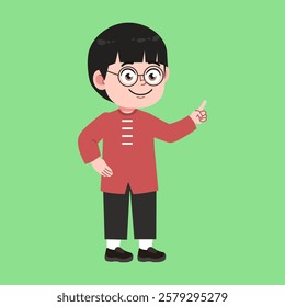 Cute Glasses Chinese Boy with Black Hair cartoon pointing hand explained suitable for education purpose 