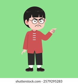 Cute Glasses Chinese Boy with Black Hair cartoon mad pointing suitable for education purpose