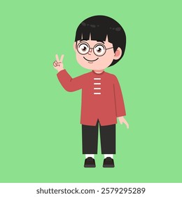 Cute Glasses Chinese Boy with Black Hair cartoon peace sign suitable for education purpose 