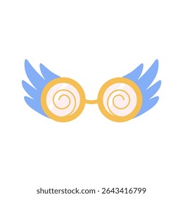 Óculos bonitos decorados com asas. Acessório hipnótico incomum na moda, óculos decorativos. Ilustração vetorial
