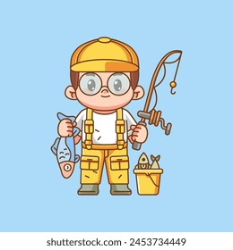 Cute glasses fisher fishing kawaii chibi character mascot illustration outline style design set