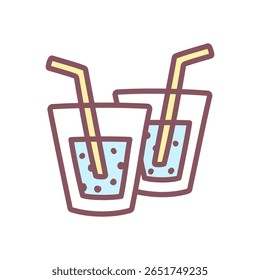 Cute glasses icon. Hand drawn illustration of two glasses with liquid and straws. isolated on a white background. Kawaii sticker. Vector 10 EPS.