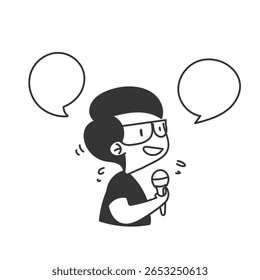 bonitos óculos pessoa segurando microfone e conversa bolha em desenho animado doodle