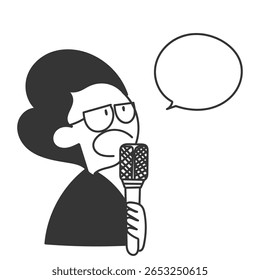bonitos óculos pessoa segurando microfone e conversa bolha em desenho animado doodle