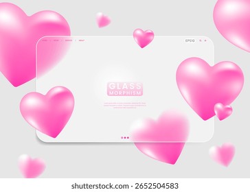 Cute glassmorphism design with soft pink heart-shaped elements on a clean light background. Romantic, playful, and perfect for love-themed digital content, Valentine's promotions, or feminine branding