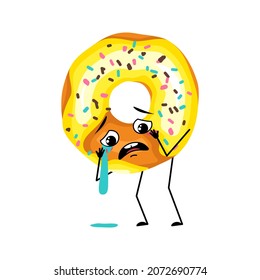 Cute glazed donut character with crying and tears emotion, sad face, depressive eyes, arms and legs. Baking dessert with melancholy expression. Vector flat illustration
