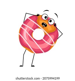Cute glazed donut character with emotions in panic grabs his head, surprised face, shocked eyes, arms and legs. Man baking dessert with scared expression. Vector flat illustration