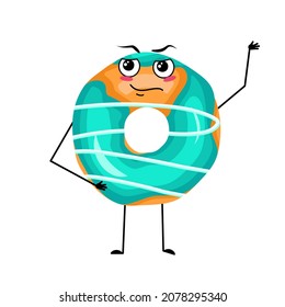 Cute glazed donut character with emotions of a hero, a brave face, arms and legs. Cheerful man baking dessert with courage expression. Vector flat illustration